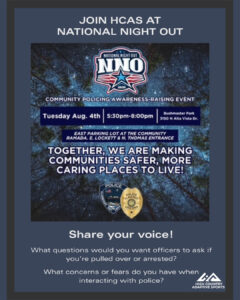 Promotional flyer inviting the community to join High Country Adaptive Sports at National Night Out. The flyer features the National Night Out 2026 logo over a nighttime forest background with event details: Tuesday, August 4, from 5:30 p.m. to 8:00 p.m. at Bushmaster Park, 3150 N. Alta Vista Drive. The event takes place in the east parking lot at the community ramada near the East Lockett and North Thomas entrance. The featured message reads, "Together, we are making communities safer, more caring places to live!" At the bottom, High Country Adaptive Sports invites community participation with the questions: "What questions would you want officers to ask if you're pulled over or arrested?" and "What concerns or fears do you have when interacting with police?" The Flagstaff Police Department and High Country Adaptive Sports logos appear on the flyer.